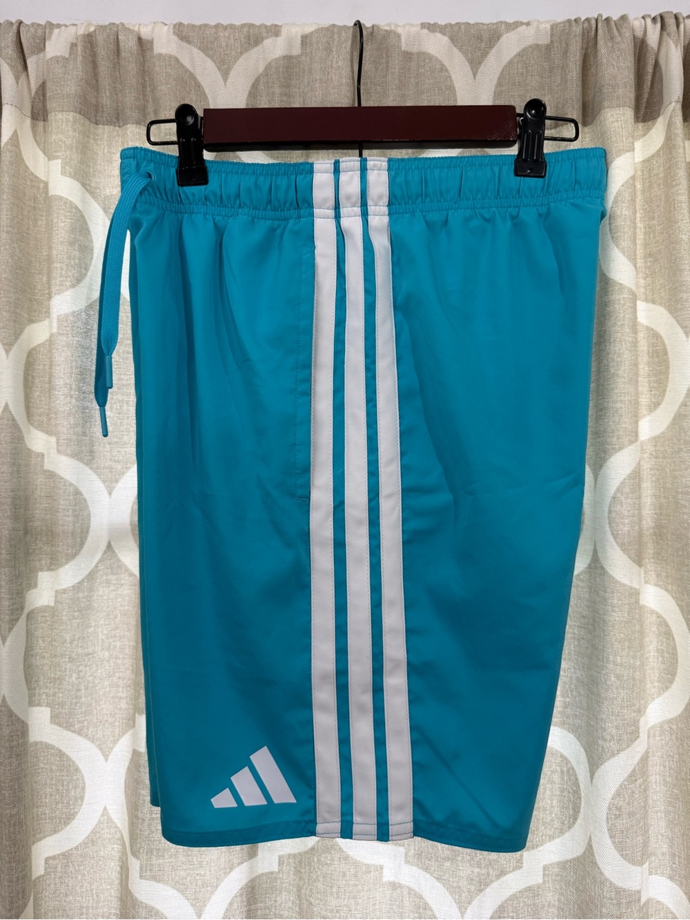 ADIDAS Women's Bight Turquoise Blue Logo Running Bike Shorts with White Stripes